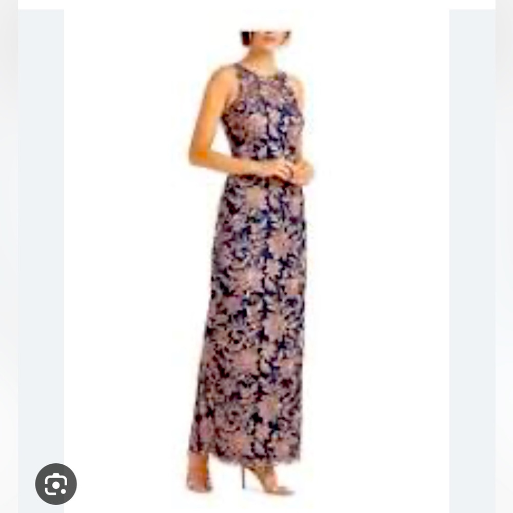 J S Collections navy gown with rose gold/nude embroidery. Size 14